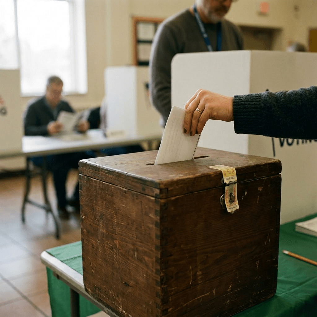 Hand placing ballot into wooden voting box labeled Voting Unit 2, Election 2024